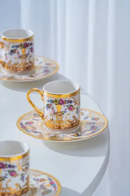 Zale 24K Altın Detaylı 6 Kişilik Porselen Kahve Fincan Takımı - 100 ml