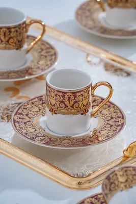 Marcella 24K Altın Detaylı 6 Kişilik Porselen Kahve Fincan Takımı - 90 ml