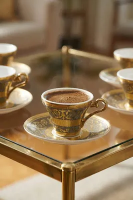 Alberta 24K Altın Detaylı 6 Kişilik Porselen Kahve Fincanı Takımı - 90 ml