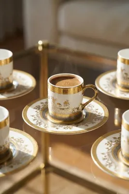 Laurens 24K Altın Detaylı 6 Kişilik Porselen Kahve Fincanı Takımı - 100 ml