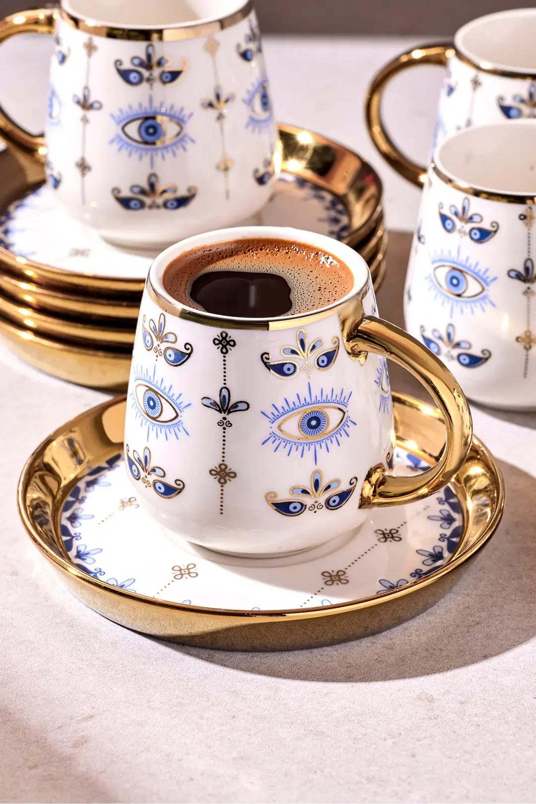 Cihangir 6 Kişilik Porselen Nazar Boncuğu Deseni Gold Kahve Fincanı Takımı · 4. fotoğraf