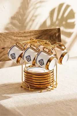 Saray 6 Kişilik 13 Parça Standlı Kahve Fincan Takımı New Bone China Porselen