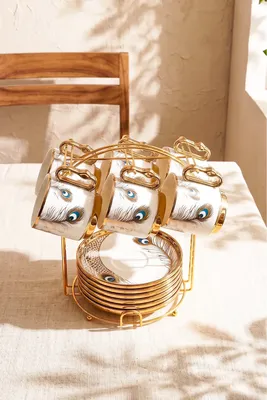 Tavus Kuşu 6 Kişilik 13 Parça Standlı Kahve Fincan Takımı New Bone China Porselen