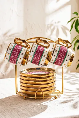 Yakut 6 Kişilik 13 Parça Standlı Kahve Fincan Takımı New Bone China Porselen
