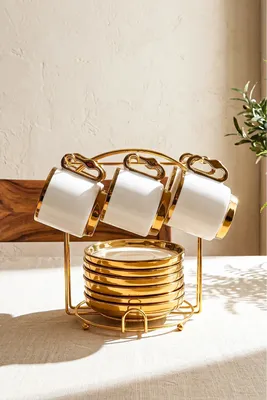Asalet 6 Kişilik 13 Parça Standlı Kahve Fincan Takımı New Bone China Porselen