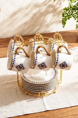 Anatolia 6 Kişilik 13 Parça Standlı Kahve Fincan Takımı New Bone China Porselen