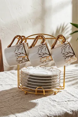 Hayat Ağacı 6 Kişilik 13 Parça Standlı Kahve Fincan Takımı New Bone China Porselen