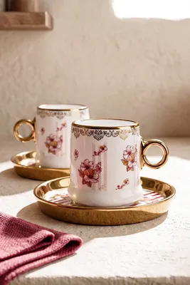Cherry Blossom Porselen 2 Kişilik Kahve Fincanı Takımı