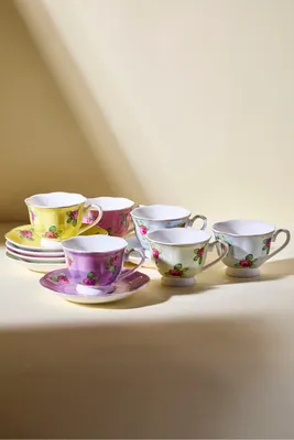 Hane+ 12 Parça 6 Kişilik Renkli Vintage Çiçekli Kahve Fincanı Takımı
